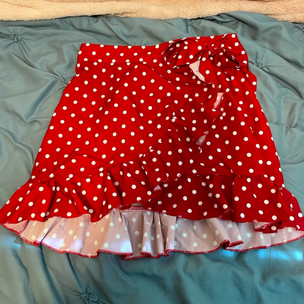 red polka dot wrap skirt